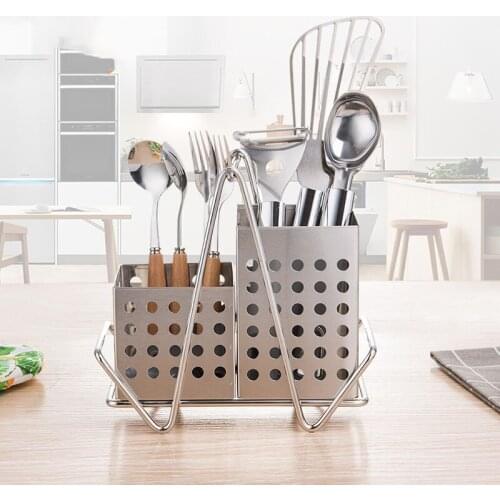 Stainless Steel Kitchen Stand Double Grid Cutlery Storage Box Rack Water Drainer Dishware Organizer Folk Knife Holder Container