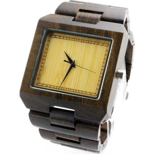 Dropshipping Mens Finish Bamboo Dial Engraved Square Face Ebony Wooden Grain Wrist Watch from Dad to Son