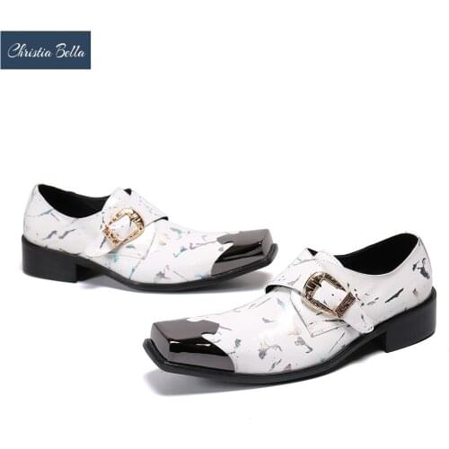 Christia Bella Fashion Men Oxford Shoes White Genuine Leather Man Dress Shoes Buckle Party Formal Brogue Shoes Big Size Footwear
