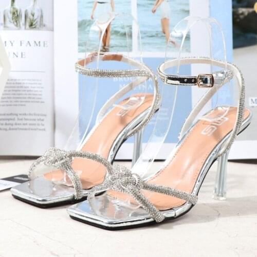 2021 New Fashion Rhinestones Gladiator Silver High Heels Ankle Strap Strappy Sandals Women Sexy Stiletto Party Shoes