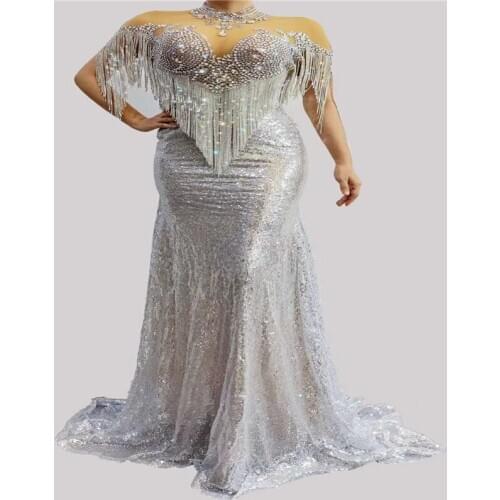 P4 Singer wears evening long trailing dress shinning crystal tassel hip skirt rhinestones outfit catwalk perform sequin costumes