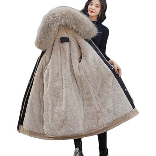 Plus Velvet Padded Parka Overcoat Womens Long Hooded Fur Collar Winter Jacket 2021 New Down Cotton Jacket Cold Warm Outerwear