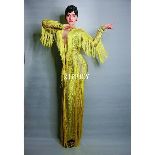 Fashion Yellow Fringes Rhinestones Dress Lady Evening Party Sexy Long Dress Prom Birthday Celebrate Stretch Tassel Dresses