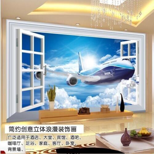 Custom photo wallpapers 3d murals wallpaper for walls 3d window landscape blue sky white clouds airplane TV background wall