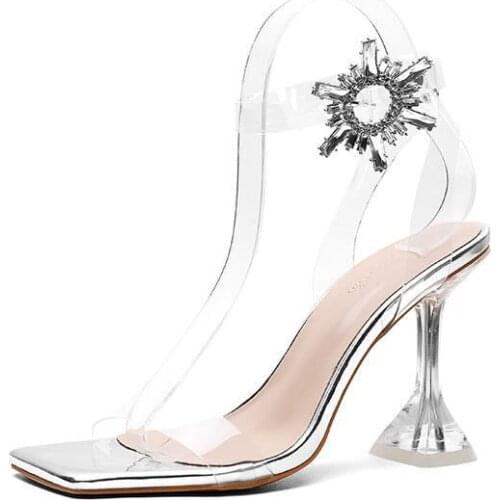 Champagne PVC Jelly Sandals Crystal Open Toe Perspex High Heels Crystal Women Transparent Heel Sandals Slippers Pumps