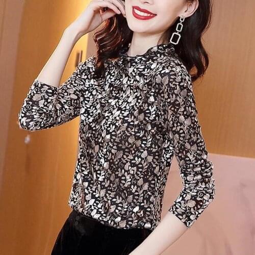 2020 Spring Fall Fashion Women Ruffled Stand Collar Womens Floral Velvet Tshirt , Korean Woman Clothing Velour 3xl T Shirts