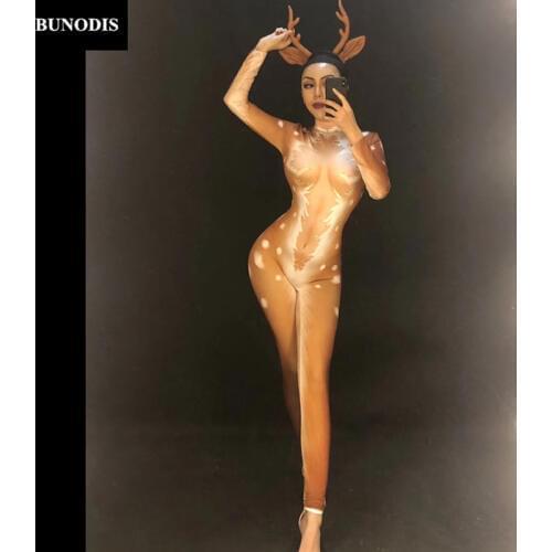 ZD401 Christmas Style (Without Headwear) Women Sexy ELK Jumpsuit 3D Printed Bodysuit Nightclub Party Stage Wear Dancer