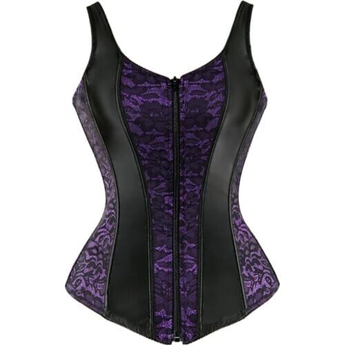 Womens Sexy Boned Lace up Back Corset Vest with Straps Brocade Floral Print Zip up Front Halter Bustier Lingerie Sexy Ladies Top