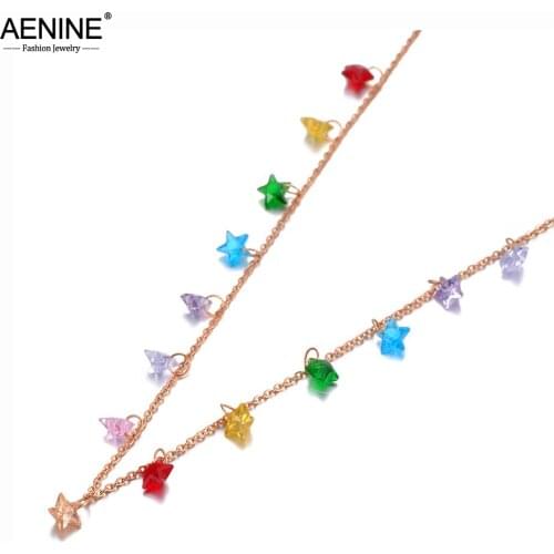 AENINE Fashion Stainless Steel Colorful Star CZ Crystal Choker Necklace Rose Gold Beautiful Chain Necklace For Women AN20088