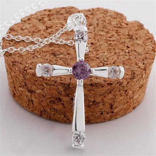 925 Sterling Silver Cubic Zircon Cross Pendant Necklace For Women Simple New Purple Crystal Necklace Birthday Gift Party Jewelry