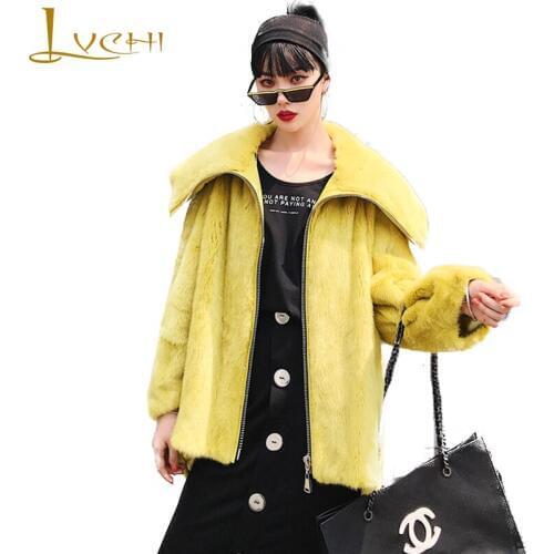 LVCHI 2019 Winter Mink Fur Coat Real Fur Coats Women Full Sleeve Turn-Down Collar Slim Soft indigo Turmeric Long Mink Fur Coats