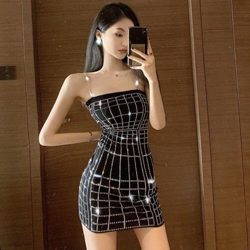 European Summer New Wrapped Chest Temperament Sexy Plaid Hot Diamond Slim Bag Hip Sling Dresses Women Fashion Streetwear 2021