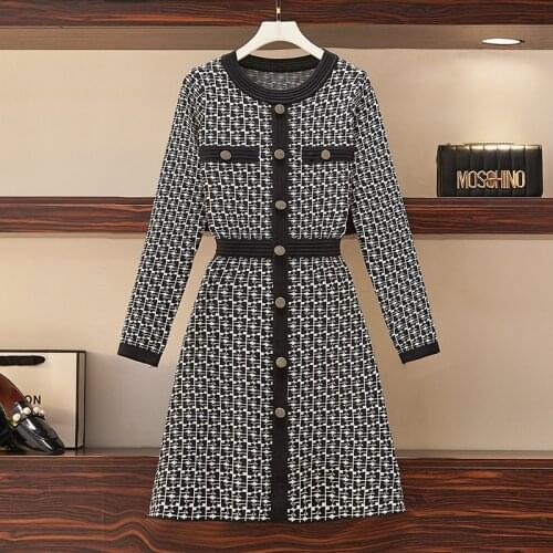M-4XL plus size women vintage plaid kintting autumn dresses vestido 2021 long sleeve o neck button slim a line sweater dress