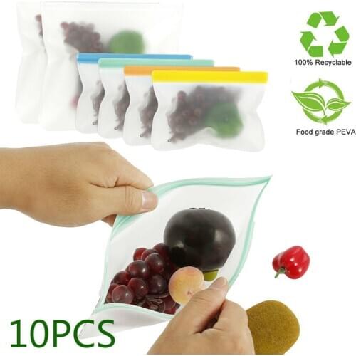 10pcs Food Fresh Bags Reusable Silicone Ziplock Bags Leakproof Refrigerator Saran Wrap Transparent Pocket for Kitchen Tool