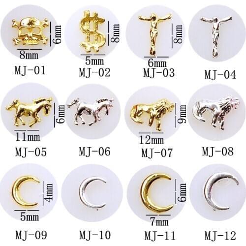 10Pcs/Lot Japan Skull dollar Note Jesus Unicorn Lion Moon DIY Metal Alloy Nail Art Deco Nail Stickers/Charms/ Tools for Manicure