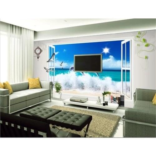Custom 3D Mural Wallpaper Window, Sea, Dolphins TV Backdrop Bedroom Photo 3D Wallpaper Home Decor Living Room Wall