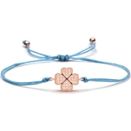 Shiny White Cubic Zirconia Copper Four Leaf Clover Luck Charm Bracelet Women Girl Chic Gorgeous Brass CZ Red String Jewelry Gift