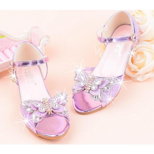 Girls High Heels Summer New Princess Sandals Rhinestone Butterfly Children Performance Shoes Kids Dance Student Show Shoes 26-37