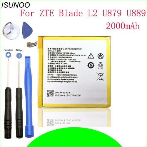 ISUNOO mobile battery 2000mah LI3820T43P3H636338 for ZTE U879 u889 blade l2 with repair tools
