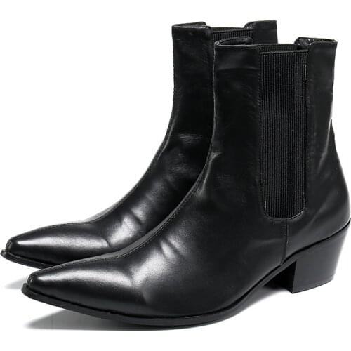 Italian Style Motorcycle Boots Business Party Man Ankle Boots Plus Size Pointed Toe Mens High Heel Leather Boots Botas Shoes