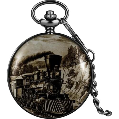 Classic Black Male Quartz Pocket Watch Atmospheric White Dial Pocket Watch Mens Personality Retro Train Pattern Pendant Watch