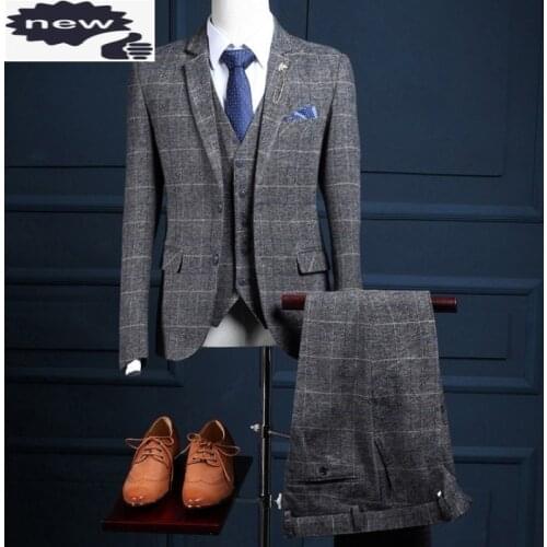 British Mens Wedding Tuxedo Gray Plaid Suits Slim Fit Office Business Man 3 Pcs Blazer Set Formal Party Prom Costume Terno Male