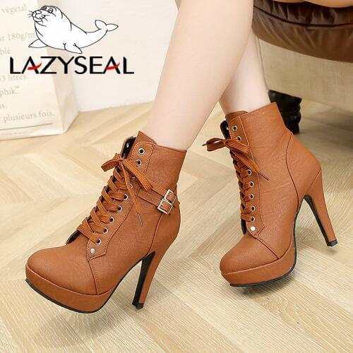 LazySeal Plus Size Platform Ankle Boots For Women Shoes Super High Heels Female Lace Up Shoes Woman Buckle Boot Ladies Footwear