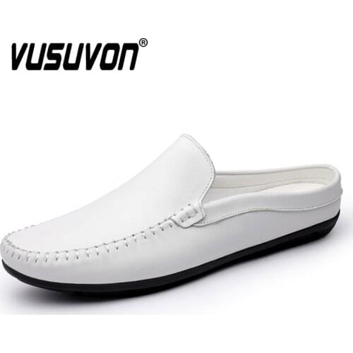 Summer Men Casual Loafers Fashion Breathable Genuine Leather Slippers Outdoor Light Mules Cool Half Shoes Italian Design Sandals