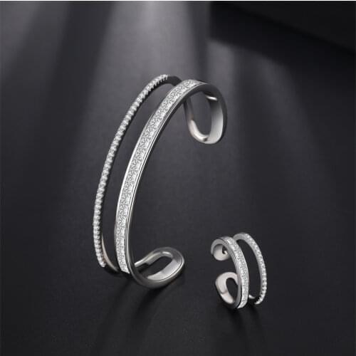Fashion Shiny Silver Color Cubic Zirconia Double Layer Bangle Bracelet For Women Wedding Luxury Christmas Gift Jewelry Set Zk30