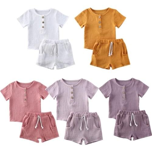 Fashion Summer Kids Baby Girls Boys Outfit Suit Cotton Linen Clothes Set Toddler Solid Casual T shirt Short Pants 2Pcs Set