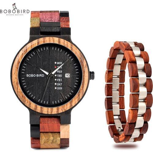 BOBO BIRD Men Watch Bracelet Set Week Display Date Japan Movement Quartz Watches erkek kol saati Accept Enggraving Drop Shipping