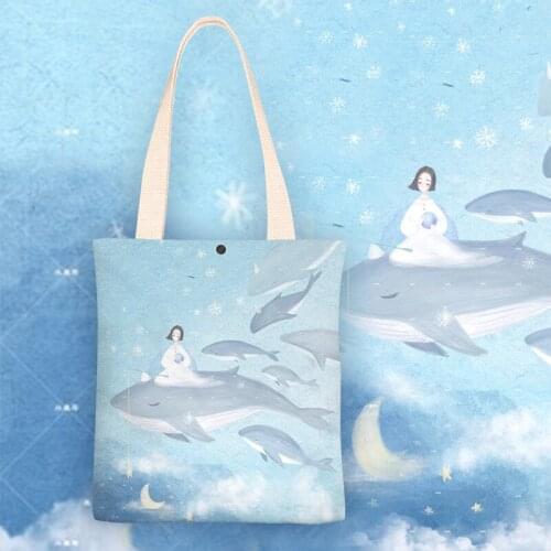 Creative illustration Designer Bag Whale Girl Shoulder Bag For Women Velvet Canvas Bags Student Book Bag Shopping Bag Handbag