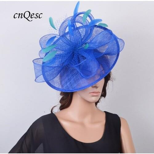 2019 NEW design,Royal blue/teal Large saucer sinamay fascinator wedding hat mother of the bride with feather and veiling.QF400