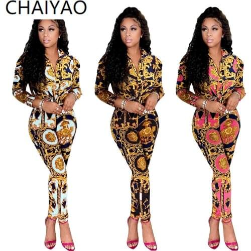 12CM2150 Wholesale Set Autumn Y2k Single Breasted Floral Printed Women Clothing Slim Top and Pant Two Piece Set Womens Outfits