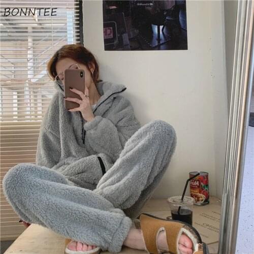 Pajama Sets Women Winter New Soft Plus Velvet Loose All-match Warm Leisure Elegant Female 2 Piece Korean Style Solid Homewear