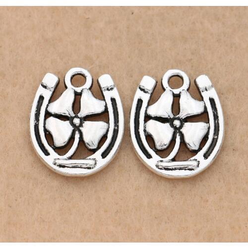 KJjewel Antique Silver Plated Clover Horseshoe Charms Pendant Bracelets Necklace Jewelry Making Accessories DIY 18x15mm