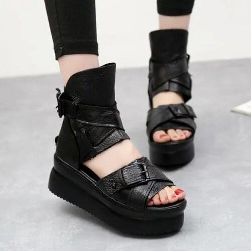 Summer Genuine Leather Women Sandals Platform Women Shoes Wedge Heel Fish Head High Heels Black Sandals Singles Shoes Size 35-43