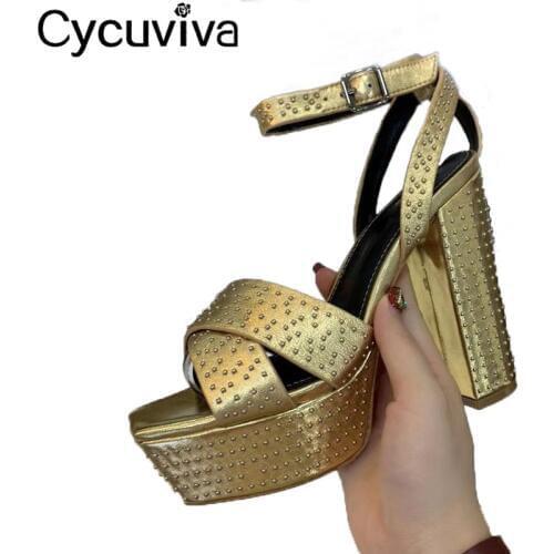 Women Gold Rivet Super High Heels Sandals Comfy Chunky Sole Summer Dress Shoes Woman Runway Party Peep Toe Platform Shoes Femme