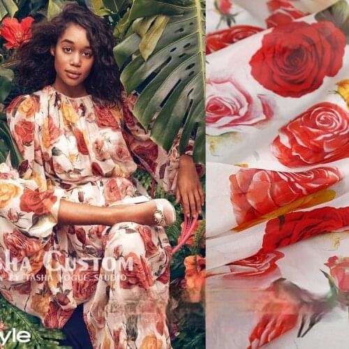 European and American flower chiffon fabric digital printing rose pattern fabric