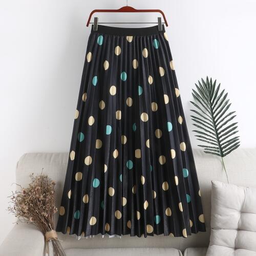 Euro Style Pleated Skirt High Waist Slim A-Line Dot Print Elastic Waist Skirt Summer Elegent Vintage Midi Skirts For Women