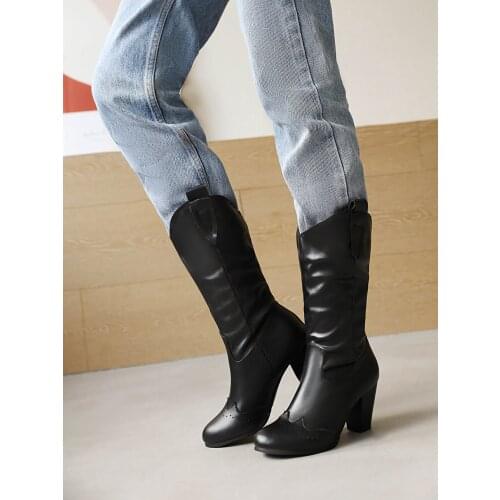 Oversized Tapered Heel Rider Boots Wood Grain Thick Heel Microfiber Leather Warm Female Mid-Calf Boots Pleated Western Boots