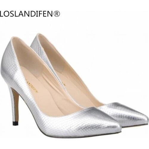Women pumps Serpentine Patent leather high heels PU women shoes Pointed Toe 8CM Thin Heels Silver Wedding Dress Shoes