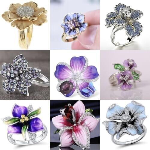 Trendy Multi-style Multi-color Zircon Red Princess Cut Crystal Flower Ring for Women Wedding Party Jewelry Whole Sale