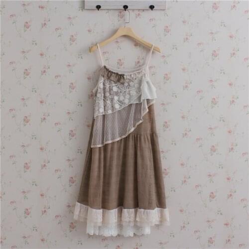 Mori Girl Lace Princess Spaghetti strap Women Summer Midi Dress Lolita Sweet Dress Vestido Verao Ropa Mujer Faldas Tunique Boho