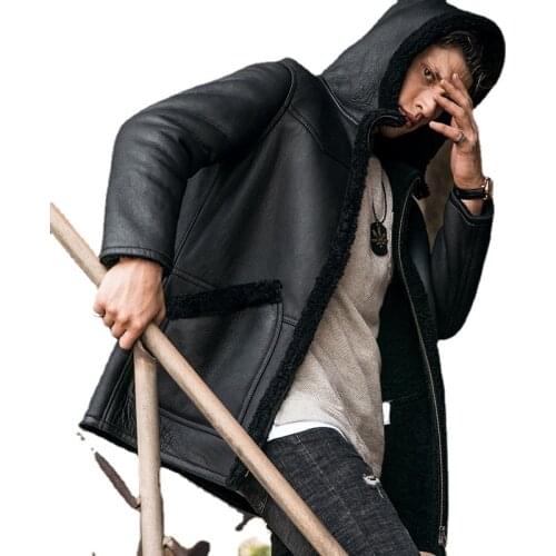 Winter New Lamb Fur Hooded Genuine Leather Mens Jacket Black Sherling Coat Real Sheepskin Fur Outwear Size S-5XL