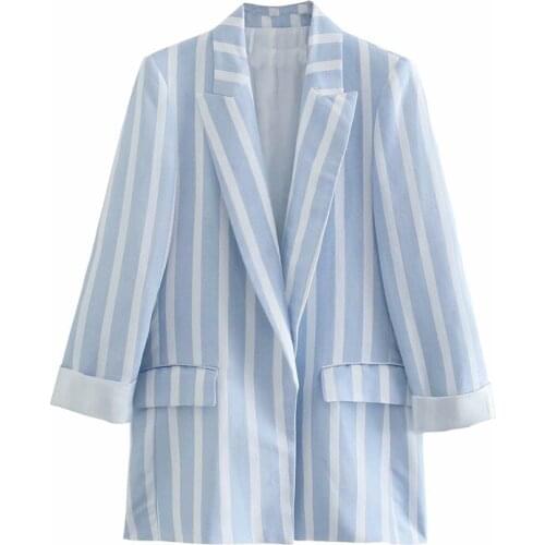 ZXQJ Women 2021 Fashion Stripe Open Blazer Coat Vintage Long Sleeve Welt Pockets Female Outerwear Chic Coat