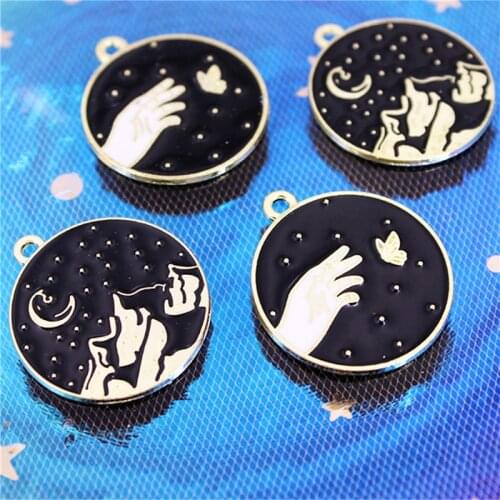 Julie Wang 10pcs Enamel Black Charms Round Alloy Night Sky And Hand Pendant Necklace Bracelet Jewelry Making Accessory