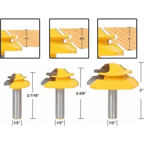 3pcs 12mm 1/2" Shank 45 Degree Lock Miter Bits Glue Joint Set 1/2" 3/4" 1"Stock Woodworking Tenon Cutters for Wood 03025