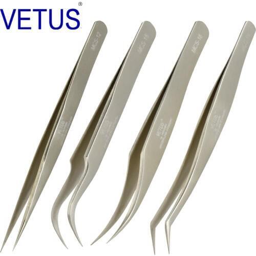 4pcs / set Vetus MCS Series Champagne Premium Beauty Makeup Tweezers for Eyelashes Extension Ultra Fine Tip Pinzas