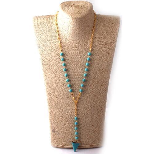 Free Shipping Fashion Pink Natural Stone Triangle Drop Pendant Round Chain Necklaces For Bohemian Tribal Jewelry